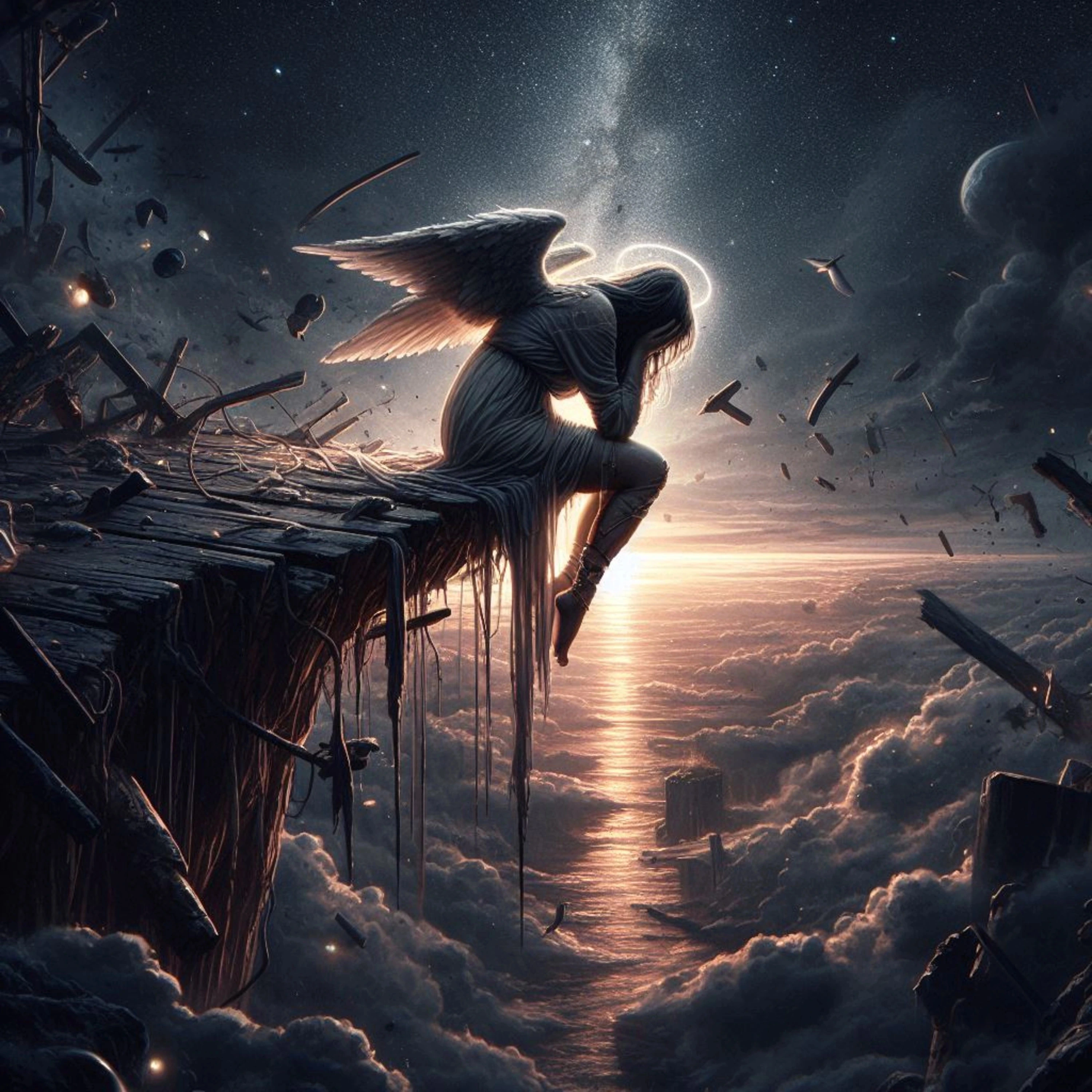 Melancholic angel with wings and halo sitting on a crumbling wooden platform above the clouds, surrounded by falling debris in a dark, cosmic sky with sunset light reflecting on a distant horizon.
